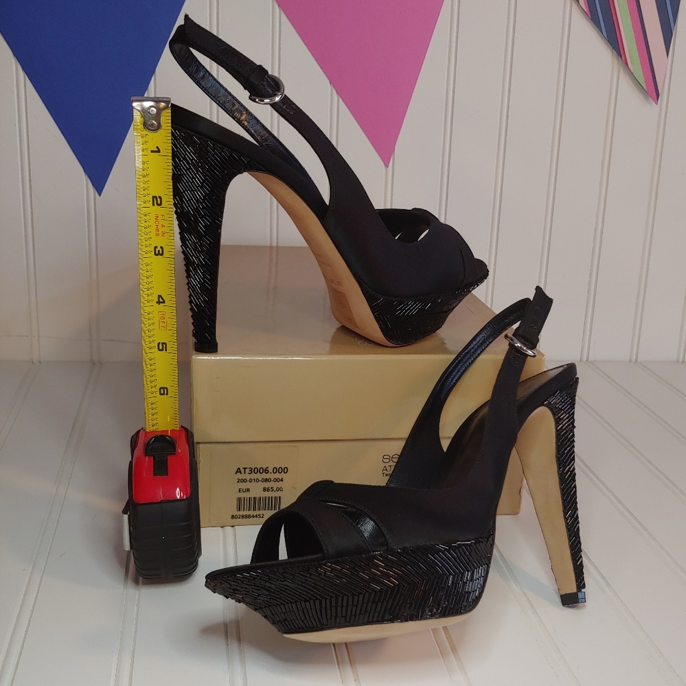 Sergio Rossi NWT Tessuto Raso Black Leather Slingback Platform Heels size 10 - Picture 5 of 15
